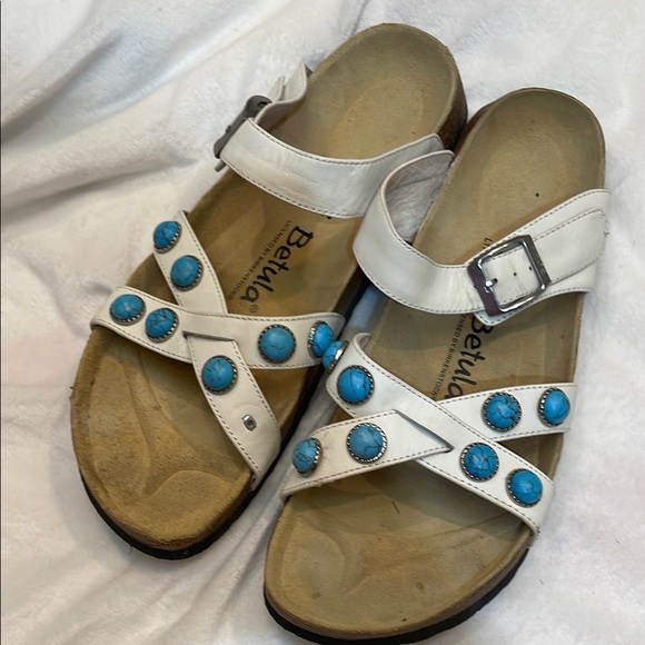 Betula Women's White Slide In Sandals With Blue Studs. Near New. Size 42. - Picture 1 of 10
